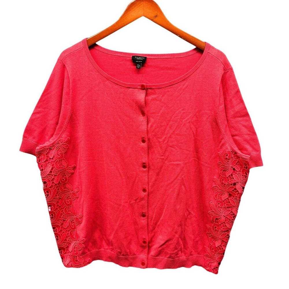 Talbots Pima Cotton Lace Trim Cardigan Sweater Womens 3XP Pink Button Front NWT